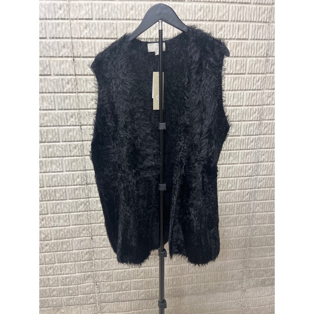 Joan Vass New York Womens 2X Black Eyelash Knit Shaggy Open Front Vest NWT